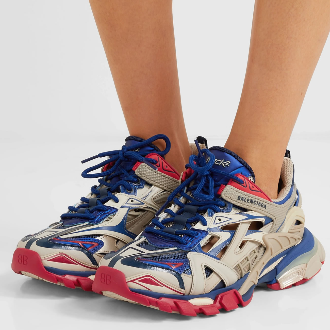 Balenciaga Track 2 Logo Detailed Mesh Rubber Sneakers Grey Blue Red (3) - www.newkick.vip