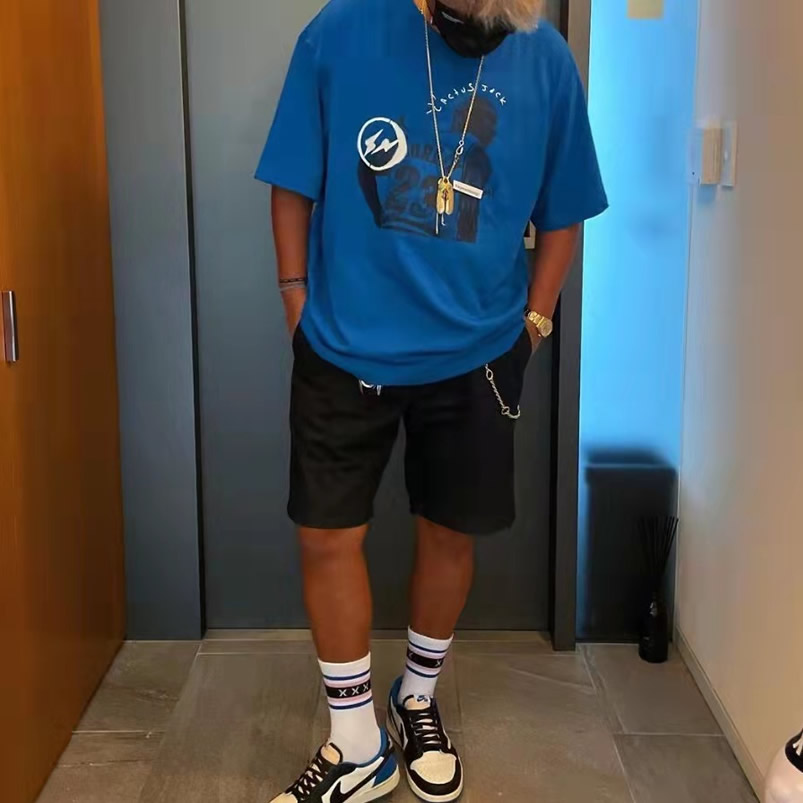 Travis Scott Cactus Jack Jordan T Shirt Khaki Desert Blue Shorts Black (2) - www.newkick.vip