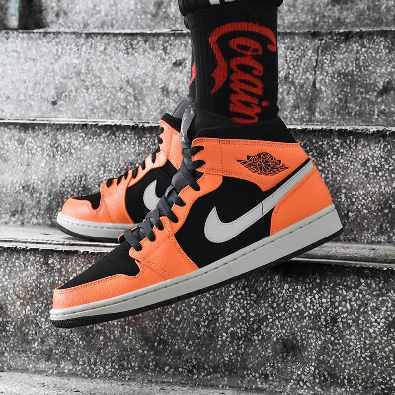 shattered backboard air jordan 1 mid black orange peel on feet