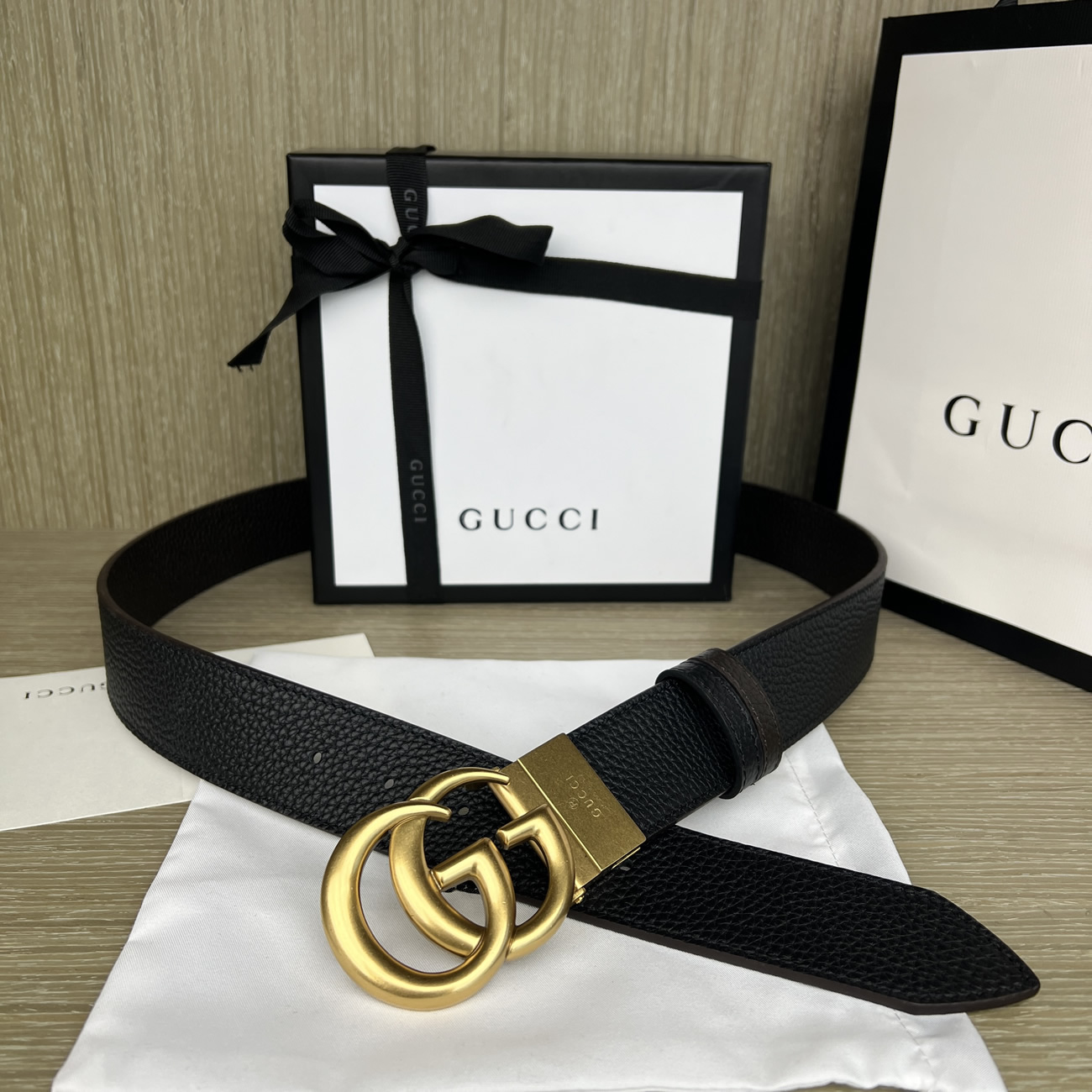Gucci Double G Logo Full Grain Reversible Belt Leather Black Brown (10) - www.newkick.vip