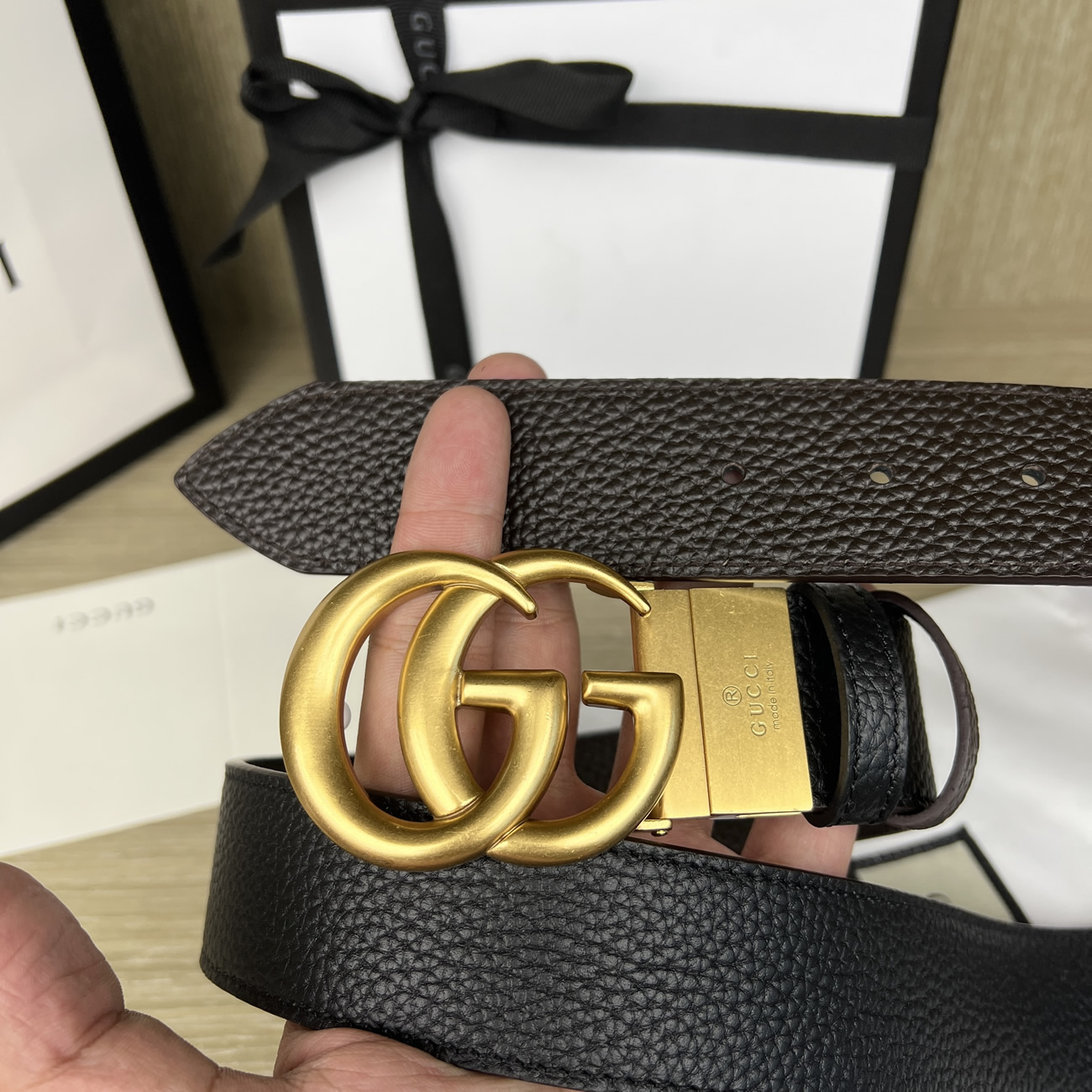 Gucci Double G Logo Full Grain Reversible Belt Leather Black Brown (3) - www.newkick.vip