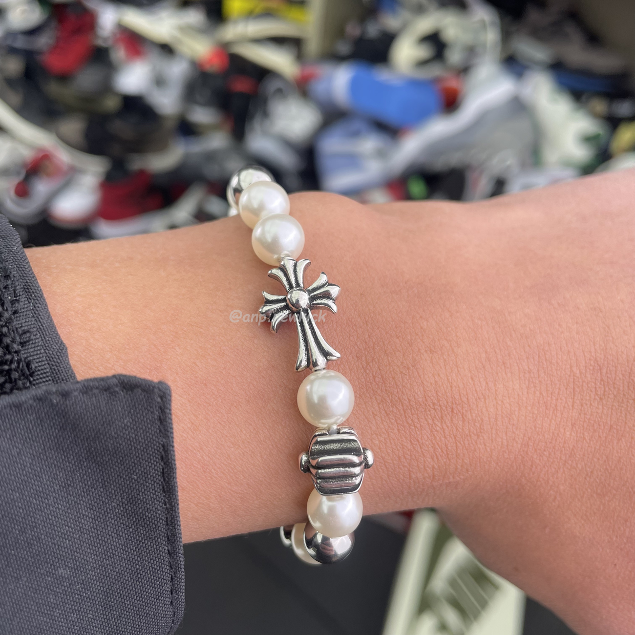 Chrome Hearts Pearl Silver Cross Flower Letter Ball Bracelet (8) - www.newkick.vip