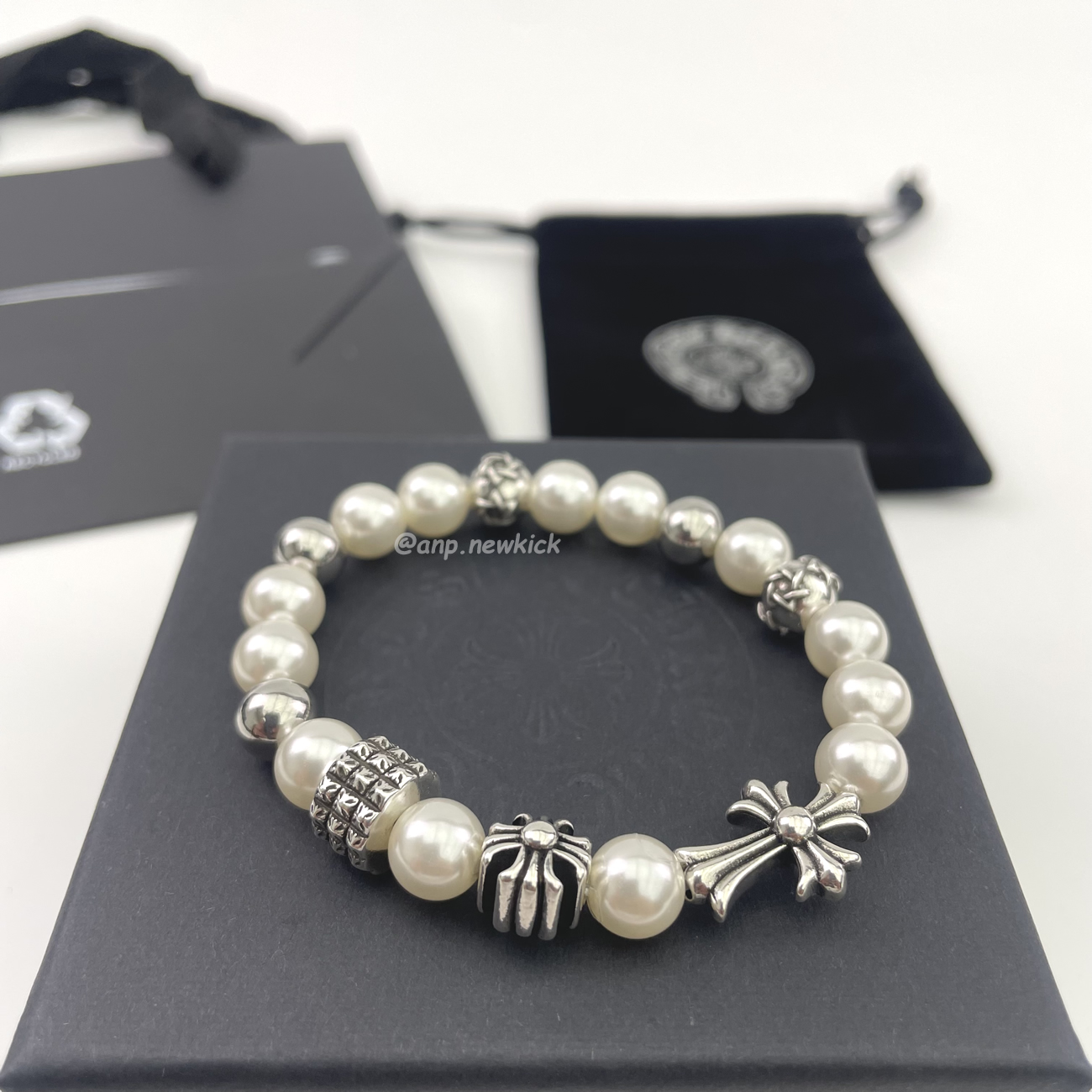 Chrome Hearts Pearl Silver Cross Flower Letter Ball Bracelet (9) - www.newkick.vip