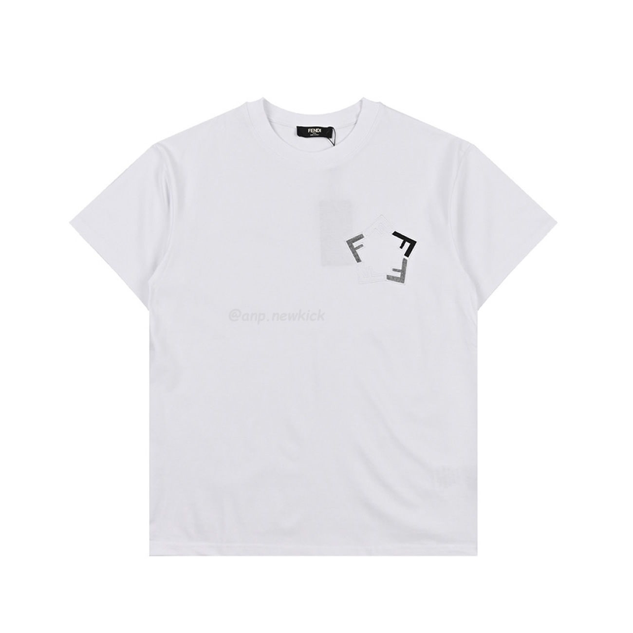 Fendi Pentagonal F Embroidered Flocked Round Neck Short Sleeved T Shirt (4) - www.newkick.vip