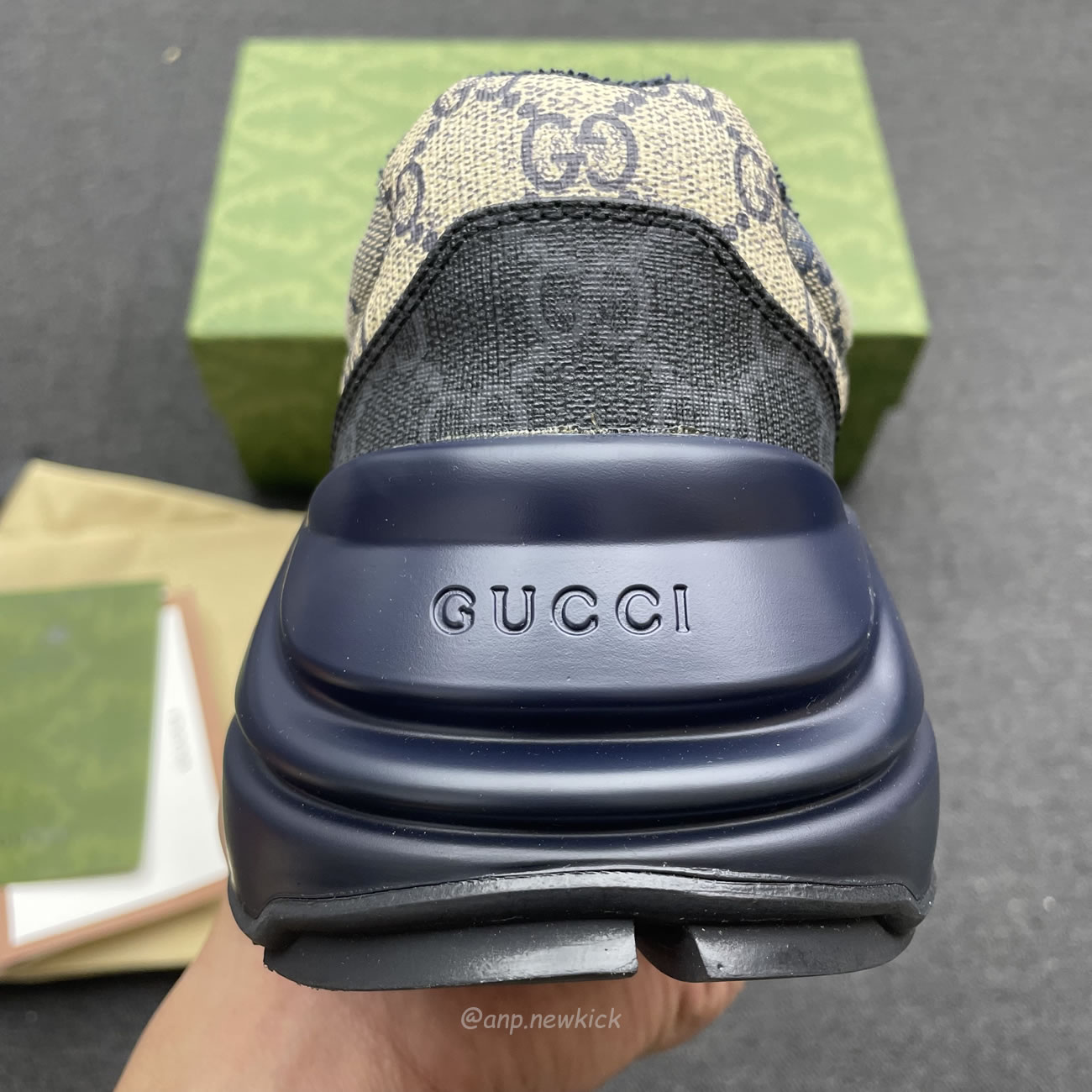 Gucci Blue Rhyton Gg Print Leather And Canvas Sneakers (3) - www.newkick.vip