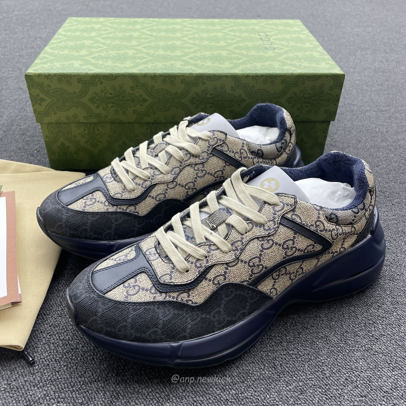 Gucci Blue Rhyton Gg Print Leather And Canvas Sneakers (4) - www.newkick.vip