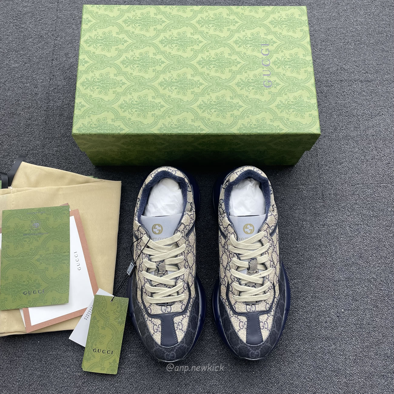 Gucci Blue Rhyton Gg Print Leather And Canvas Sneakers (6) - www.newkick.vip