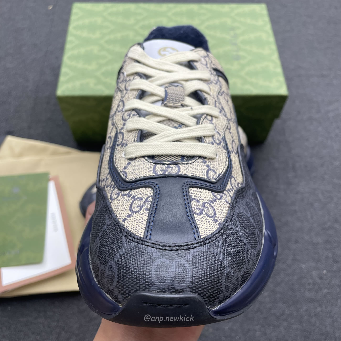 Gucci Blue Rhyton Gg Print Leather And Canvas Sneakers (7) - www.newkick.vip