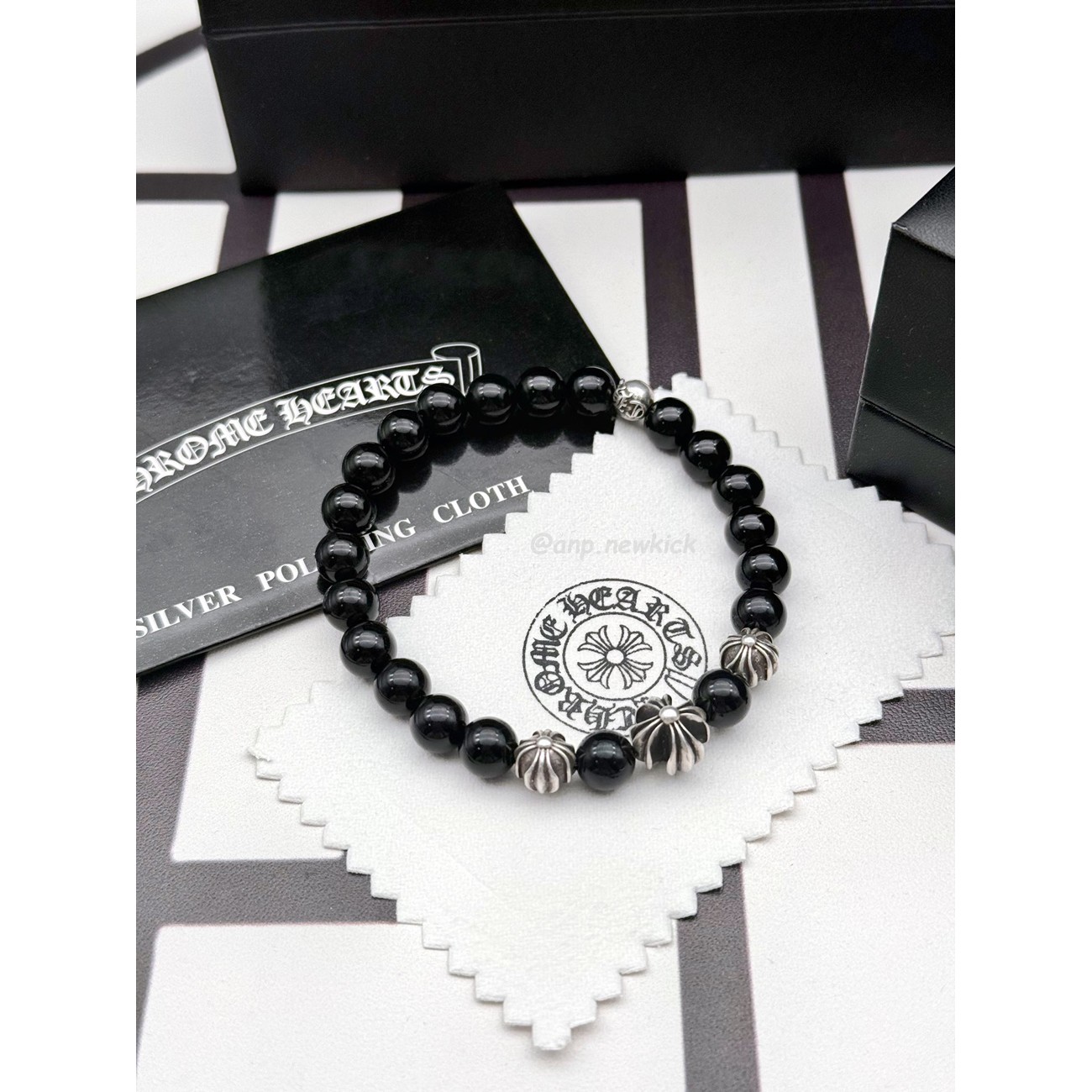CHROME HEARTS Obsidian Cross Flower Silver Ball Bracelet