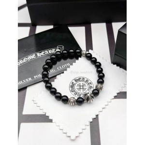 CHROME HEARTS Obsidian Cross Flower Silver Ball Bracelet