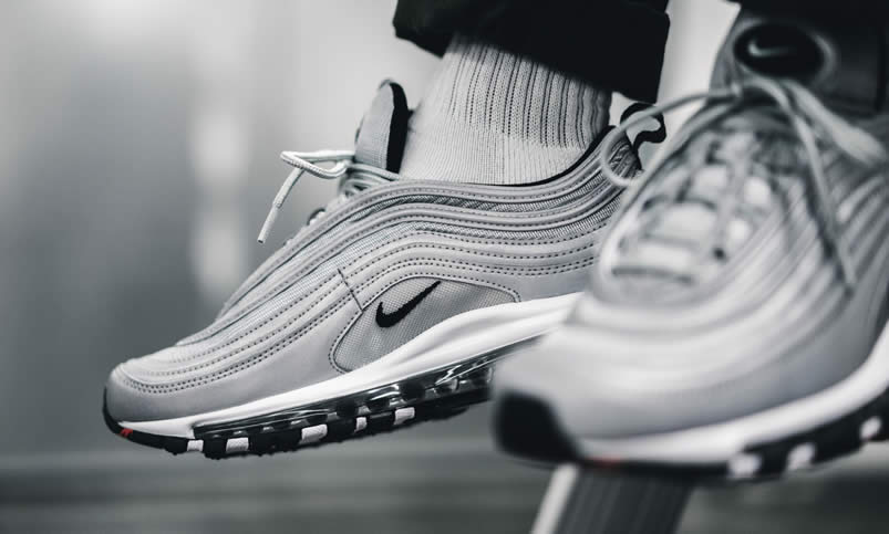 Air Max 97 Premium Reflective Silver Black Bullet Shoes On Feet 312834-007